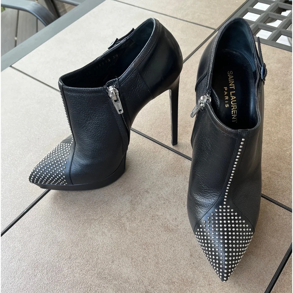 SAINT LAURANT PARIS/YSL LADIES BLACK SILVER STUD PLATFORM HEEL BOOTIES-9M - Picture 2 of 16
